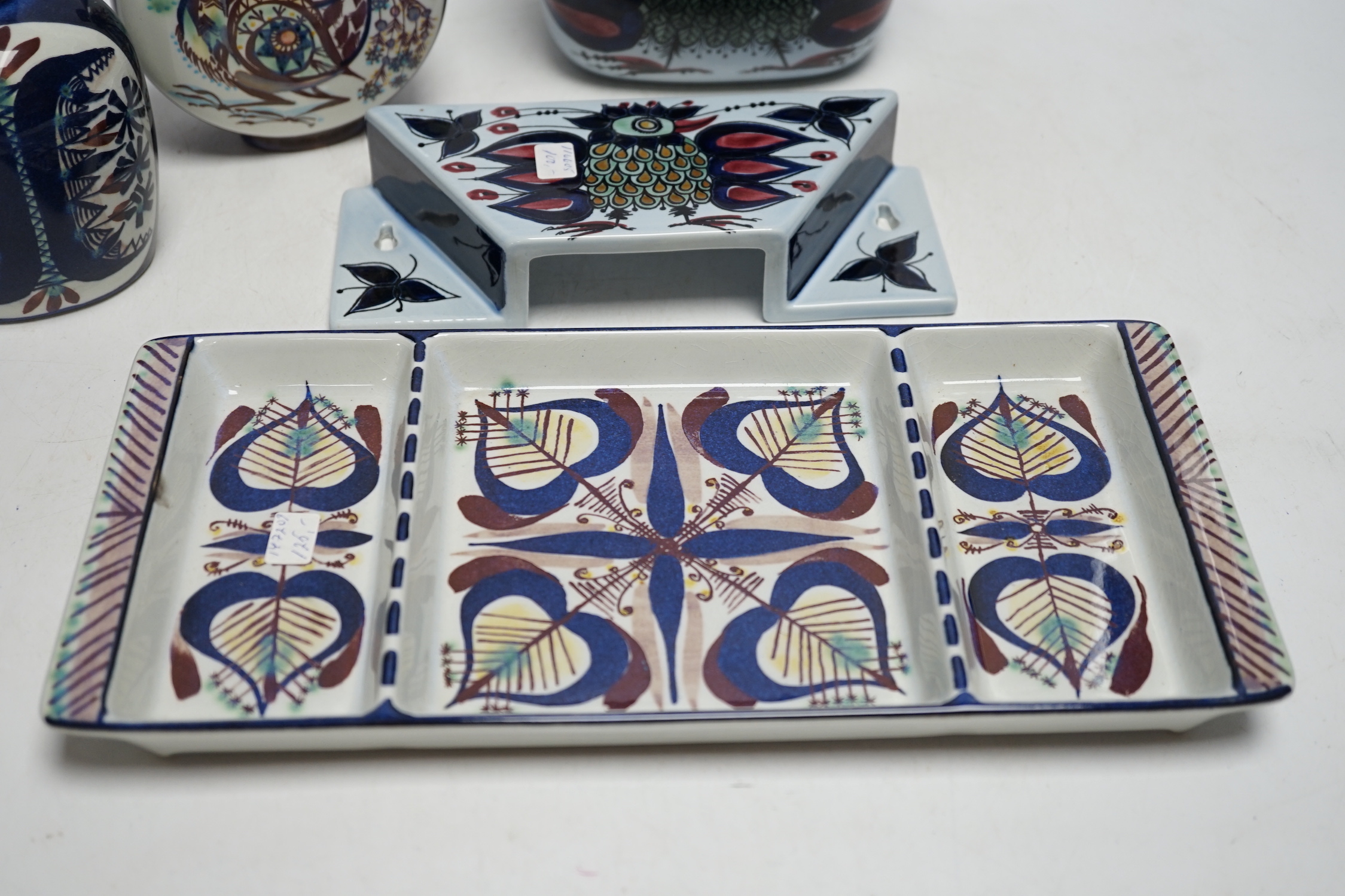 Royal Copenhagen fajance and Alumina wares; a salt pot with wooden cover and wall brisket, a small jug a moon shaped vase and a rectangular three section entrée dish, dish 29cm wide
